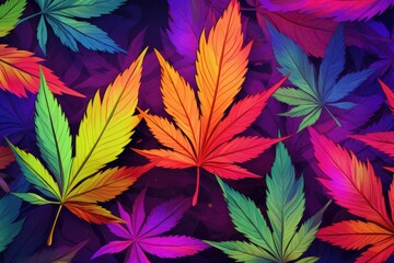 Vibrant cannabis leaf palette backdrop - a lively and chromatic portrayal of marijuana - obrazy, fototapety, plakaty