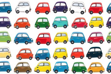 Seamless background of hand-drawn colorful children's cars on a white canvas