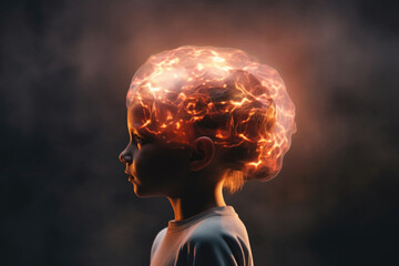 A child depicted with shimmering lights in the brain area against a dim surface, showcasing the complexity of neural pathways