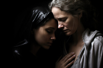 A touching portrayal of a young lady and an elderly woman embracing, illustrating the profound emotional connection and reassurance between generations