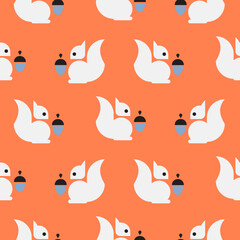 Cute squirrel with acorns seamless pattern orange background print. Vector geometric illustration for kids or home decor. Surface pattern design.