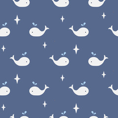 Childish seamless pattern with cute whale. Vector hand drawn illustration. Blue background with ocean animals.
