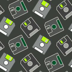 Gray Floppy disk for computer data storage icon seamless pattern background. Vintage technic style background.