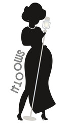 Black and white  illustrated silhouette of female jazz singer wearing pearls singing into a mike with the word smooth hugging the corve of her hip