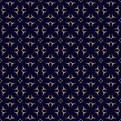 Vector floral gold and black minimal seamless pattern. Elegant geometric ornamental texture in oriental style. Abstract background with flower silhouettes. Simple gold ornament. Repeat dark design