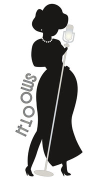 Black and white  illustrated silhouette of female jazz singer wearing pearls singing into a mike with the word smooth hugging the corve of her hip