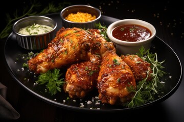 Fried chicken legs on a dark background. Prepared with mustard and olive oil sauce. Fast food from the drumstick close-up
