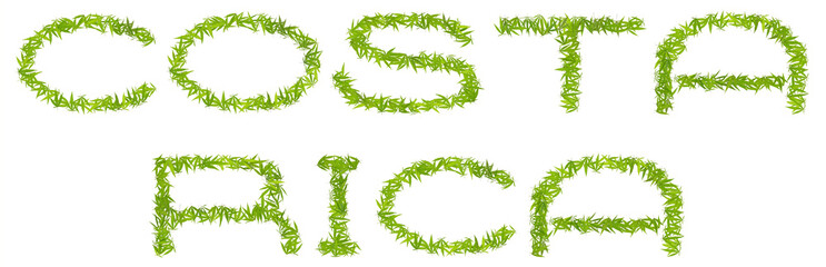 Costa Rica word laid out from marijuana leaves. Legalize concept. Cannabis letters isolated on transparent background. Design for decoration in the style of cannabis.