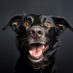 Black hound dog puppy smiling against a white background