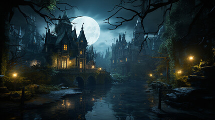 Fototapeta na wymiar beautiful moonlit image of an abandoned Victorian mansion
