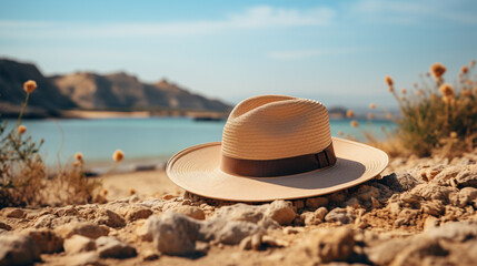 Fototapeta na wymiar mock-up hat on an isolated beach background Focus on the hat's design and texture, set against the soft sands and calm waters of the beach