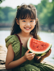 Cute girl eating watermelon