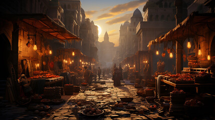 ancient Byzantine market bustling with merchants