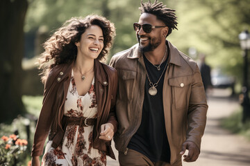 mixed race couple walking in the park. diversity and multi ethnic relationship.  african man romancing with latino american woman.