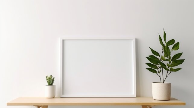 A Plant with blank picture frame on wall background