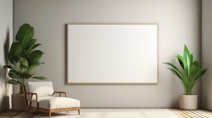 A room wall with empty picture frame with plants in pot and chair