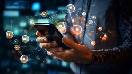 An IT expert controlling IoT devices using a smartphone. His screen is filled with icons of various connected devices. generative AI