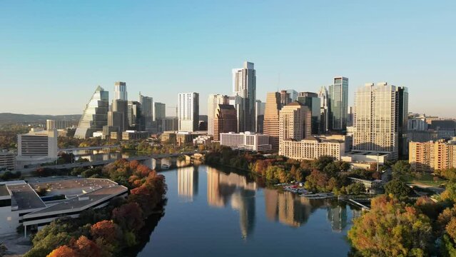 Aerial Hyperlapse of downtown Austin Texas skyline, austin fall 