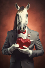 Portrait of a horse standing and posing with red heart in elegant suit. Abstract composition. Valentines Day card.