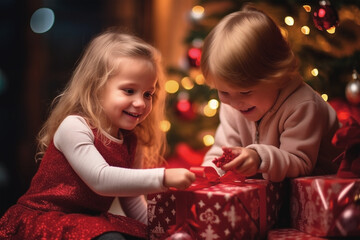 Fototapeta na wymiar Kids Christmas presents Gifts Opening Tree Lights Happy