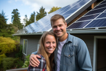 Couple Solar Panels House Energy Efficient Green Happy Smile - Powered by Adobe