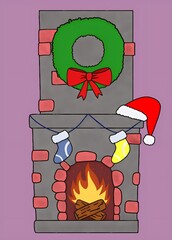 Christmas fireplace with socks, decoration and Santa hat