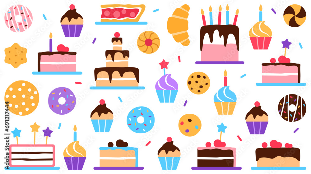 Wall mural pastry shop horizontal background or business card cover. colorful baked tasty treat visit card desi