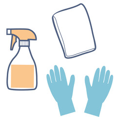 掃除用洗剤スプレー、雑巾、手袋のベクターイラスト