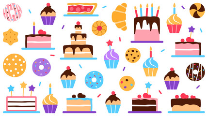 Pastry shop horizontal background or business card cover. Colorful baked tasty treat visit card design. Dessert elements donut cake muffin for cafe confectionery flat vector illustration. - obrazy, fototapety, plakaty