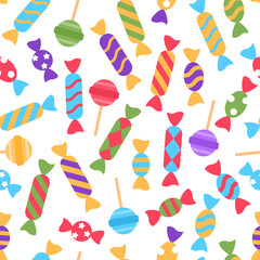 Colorful falling candy seamless pattern on white background. Bright striped sweet wallpaper design. Lollipop, caramel, bonbon, candy creative wrapping paper repeat tile. Sweetness vector illustration.