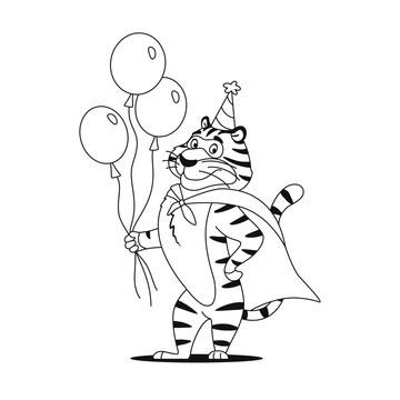 Coloring page. Funny cartoon tiger superhero on white background. Cute animal character in party hat for kids preschool activity. Black and white outline sketch. Coloring book vector illustration.