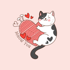 cute black and white kitten hugging a ball of yarn or pink wool in the shape of a heart for valentine's day