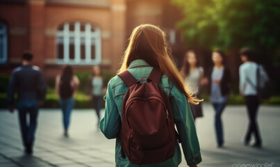 A young student Girl with backpack going class - obrazy, fototapety, plakaty