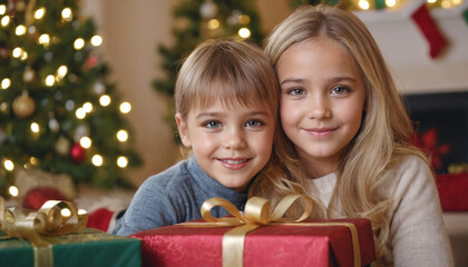 two young girls joyfully posing by a festive christmas tree with presents