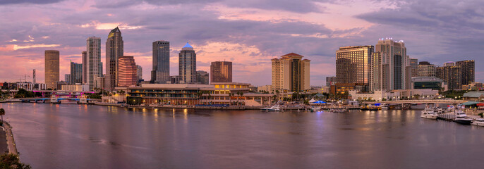 Sunset Tampa - A panoramic Summer sunset view of waterfront skyline of Tampa Downtown. Florida, USA.