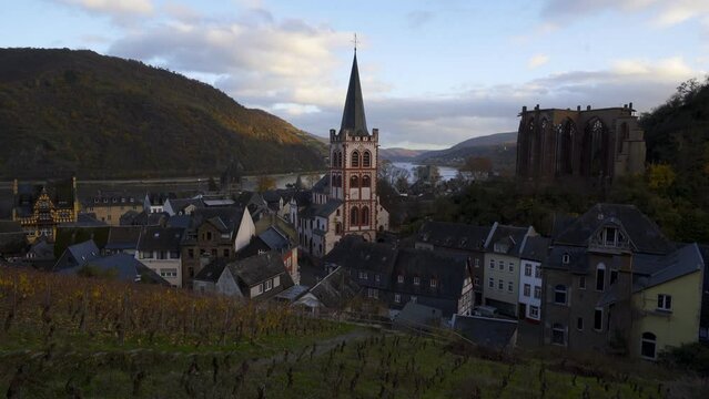 Bacharach traditional village view with vines at sunset with Rhine river at sunset, in Germany