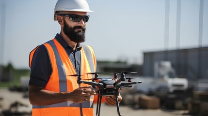 A drone engineer controlling a state-of-the-art drone using a remote control. His background is an open space for test flights. generative AI