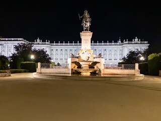 Jardines de Lepanto and near the historic Royal Palace in Madrid, Spain at night