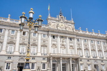 Exterior and courtyard of the historic Royal Palace in Madrid, Spain