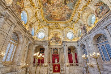 The Grand Staircase Hall of the Royal Palace of Madrid.  The palace was the home of the royal family of Spain for most of the twentieth century. - 691219837