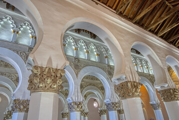 Beautiful old moorish or horseshoe arches in the Synagogue of Santa María la Blanca.  The building is believed to be the oldest surviving synagogue in Europe