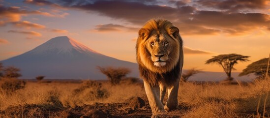 portrait of the king of the jungle mountain background
