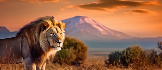 portrait of the king of the jungle mountain background