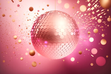 Fototapeta na wymiar Sparkling Disco ball on luxurious neon pink background with sparkles bokeh. Template for modern creative holiday design