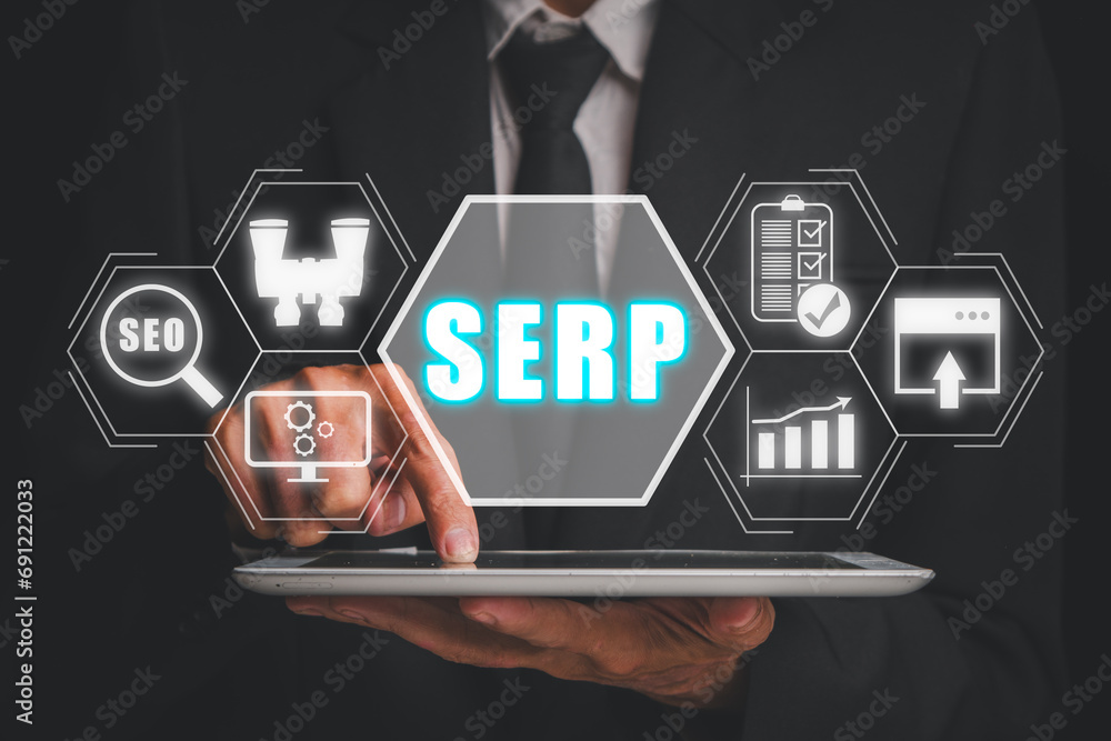 Poster serp, search engine results page concept, businessman using tablet computer with search engine resul