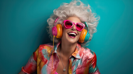 Crazy cool granny, elderly woman with headphones, sunglasses and gray hair, expressive mature and happy smiling grandmother in colorful close-up portrait | Generative AI