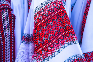 Traditional Moldovan clothing embroidered with colored women’s in men's shirts of embroidered shirt.