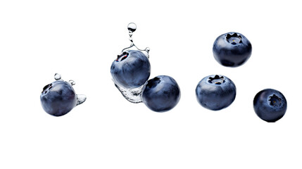 Blueberries separated floating in a side view, PNG, in a Healthy-themed, isolated, and transparent photorealistic illustration. Generative ai