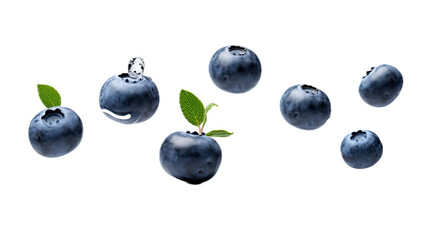 Blueberries separated floating in a side view, PNG, in a Healthy-themed, isolated, and transparent photorealistic illustration. Generative ai