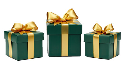  three green gift boxes with gold ribbon and bow, 3/4 view, in a PNG, Gift giving-themed, isolated, and transparent, photorealistic illustration. Generative ai